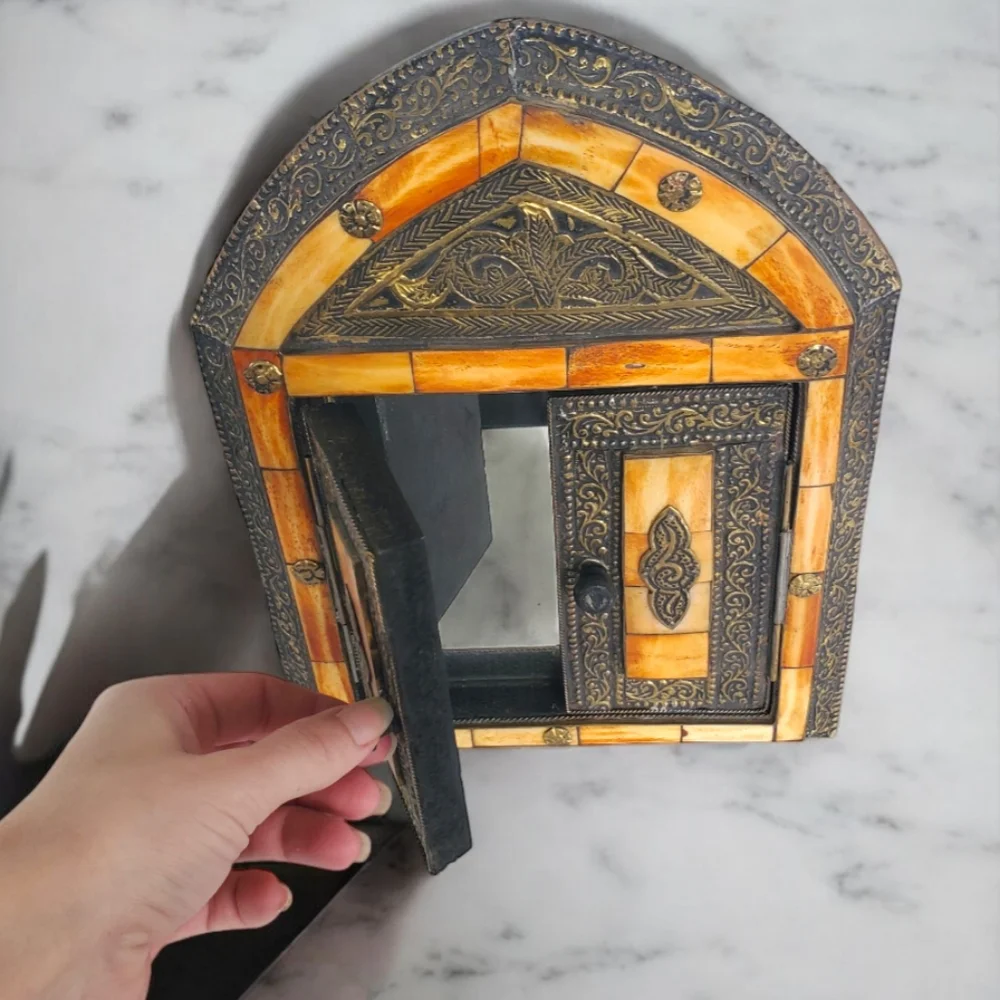 Exotic Handmade Wall Mirror Hidden Behind Closed Doors Camel Bone, Metal - 17